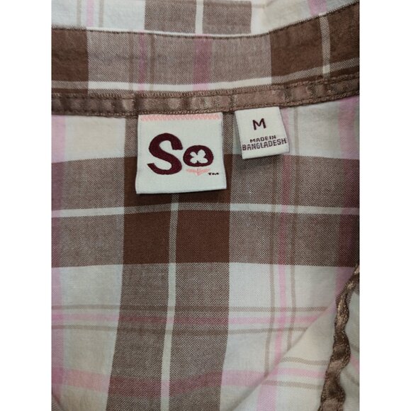 SO Women's Plaid Short Sleeve-Button down Shirt- MEDIUM -Brown-White-Pink - Picture 13 of 16